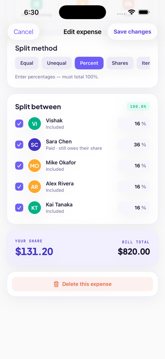 Add expense with split picker